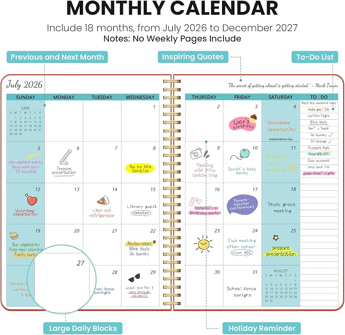 Monthly Planner 2026-2027, 18 Months Calendar, Jul 2026-Dec 2027