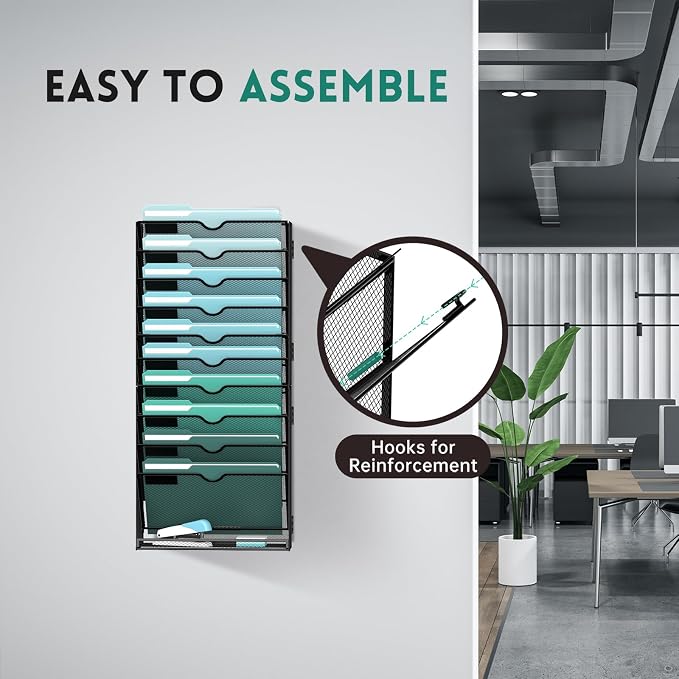 SUPEASY 11-Tier Wall File Organizer, Hanging Wall Files for Papers, Folders, Magazines, Wall Organizer for Clipboard, Assembly Needed, Black, 2 Pack