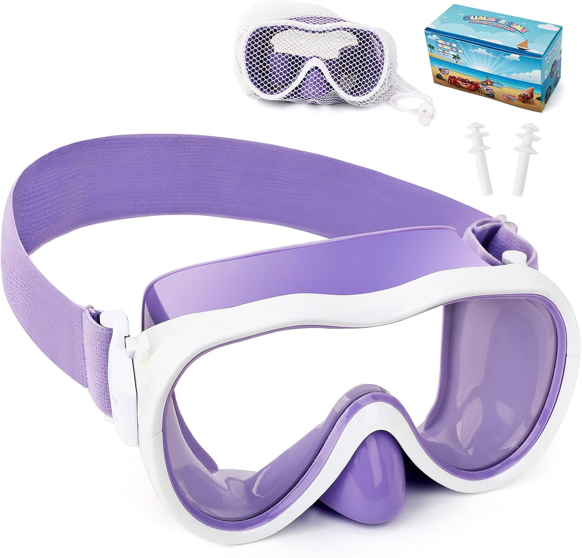 Kids Swim Goggles 180° Snorkel Diving Mask with Nose Cover, Anti-Fog Kids Swimming Goggles with Elastic Fabric Strap for Kids Boys Girls
