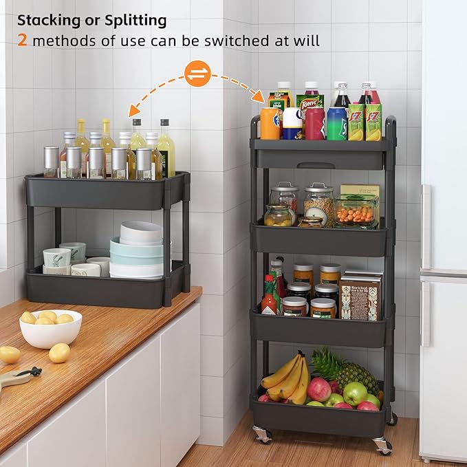 Calmootey 4-Tier Rolling Utility Cart with Drawer,Multifunctional Storage Organizer with Plastic Shelf & Metal Wheel,Storage Cart for Kitchen,Bathroom,Living Room,Office,Black