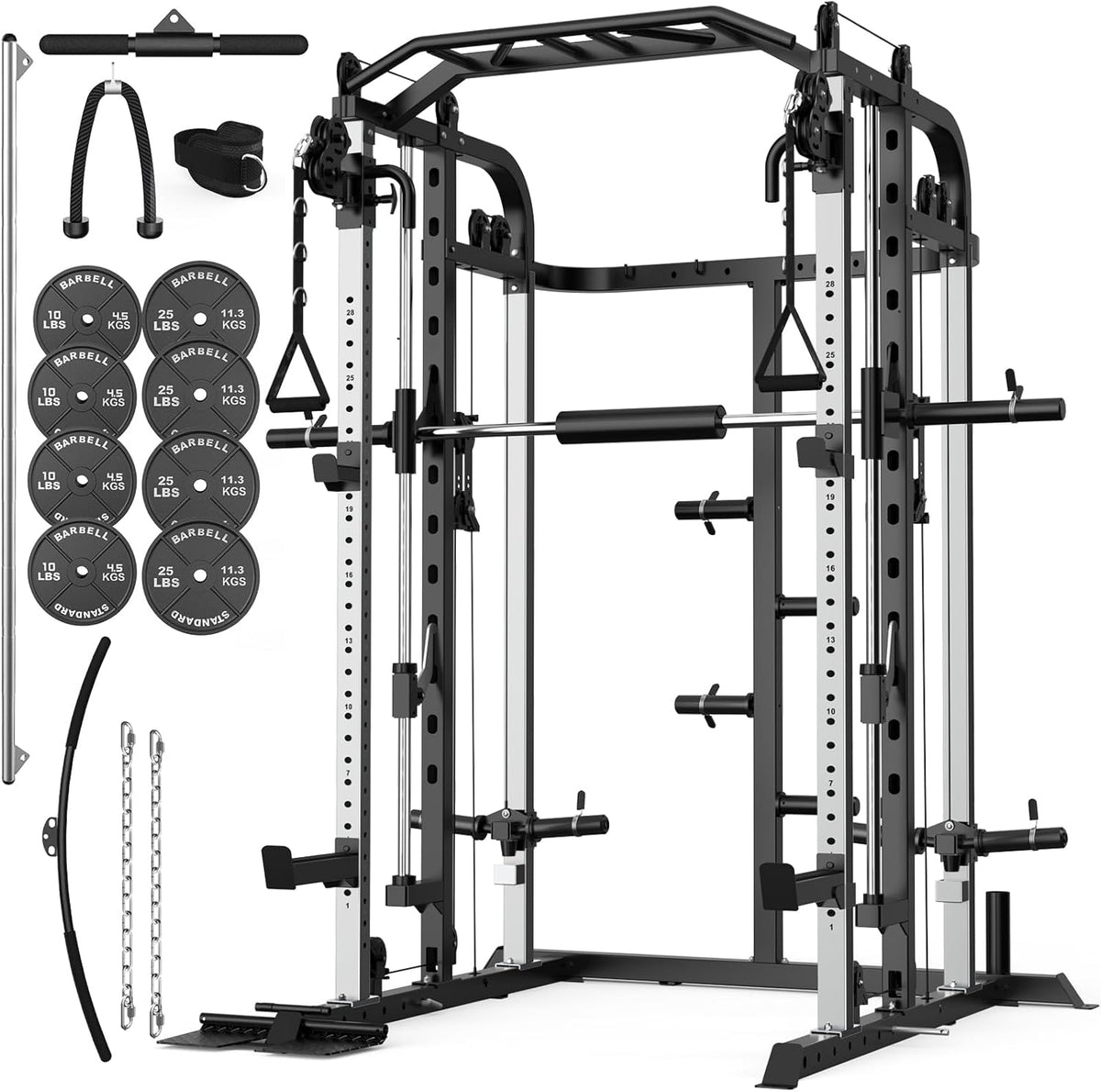 Smith Machine, Multifunctional Power Cage Rack with Smith Bar and Cable Pulley System, and LAT Pull Down Machine for Home Gym…