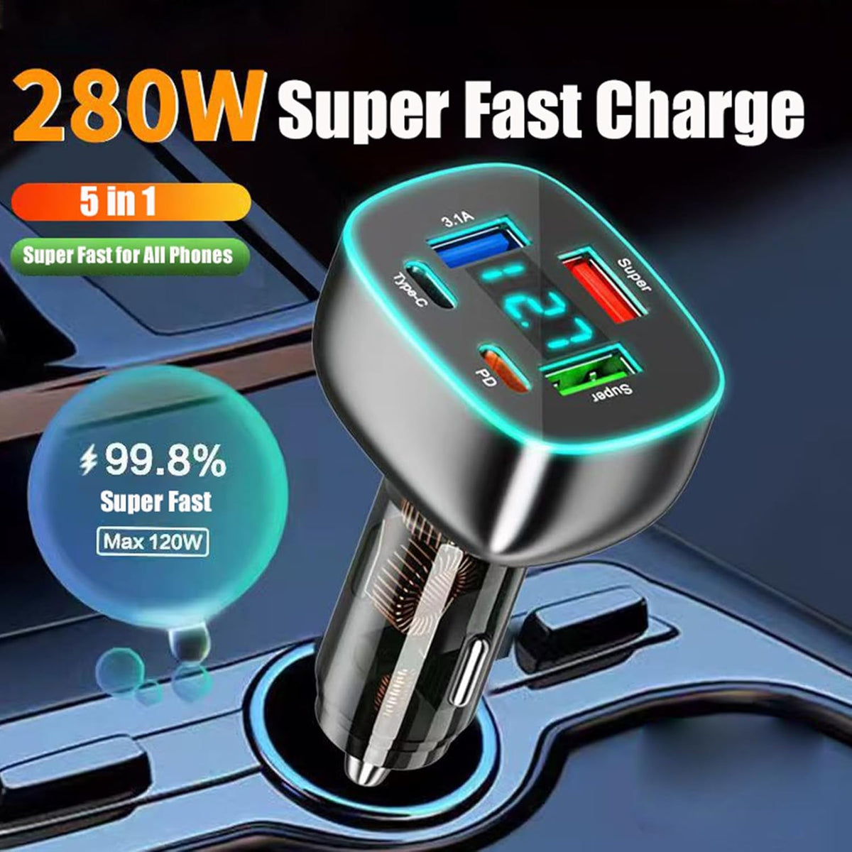 5 Port USB C Car Phone Charger with Voltage Display Dual PD 30W Super Fast for MacBook iPhone 16 15 Pro Max Samsung 100W Max Super for Huawei/Android Phones Cigarette Lighter Adapter with Volt Meter