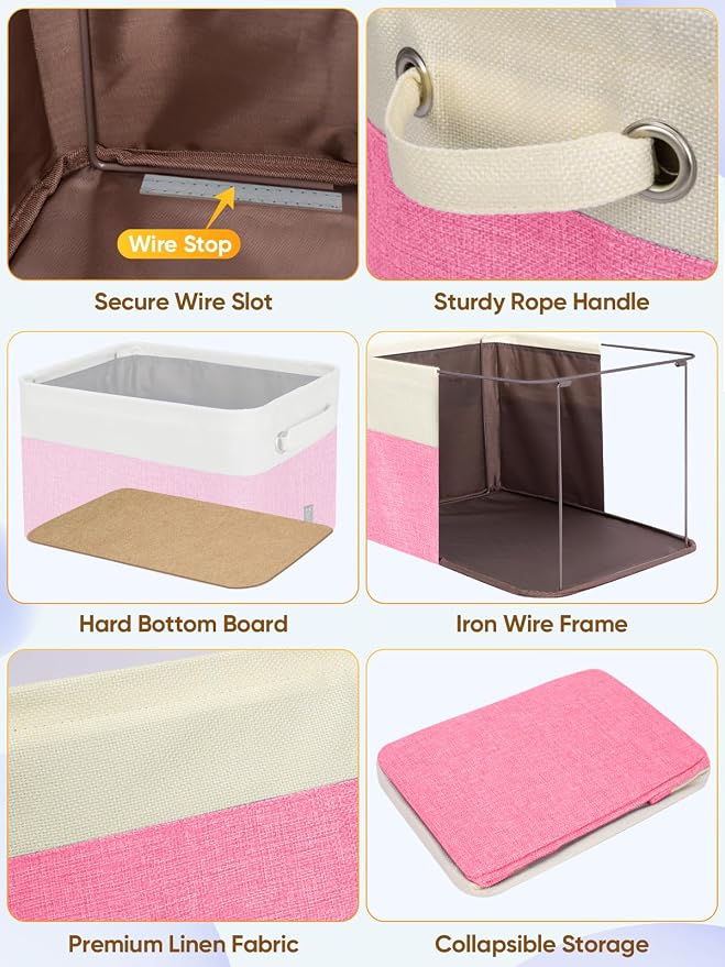 BALEINE 4 Pack Fabric Closet Storage Bins for Shelves, Linen Closet Organizers and Storage, Decorative Baskets for Organizing, Shelf, Clothes, Home, Office (Pink, 14''x10''x8.5')