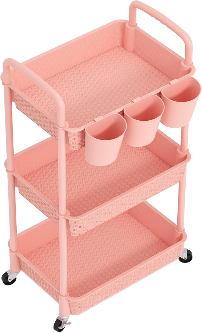 MOYIPIN 3-Tier Plastic Rolling Utility Cart with Handle,Utility Storage Cart for Office, Living Room, Kitchen,Movable Storage Organizer Shelves,Pink with 5 Hanging Cups