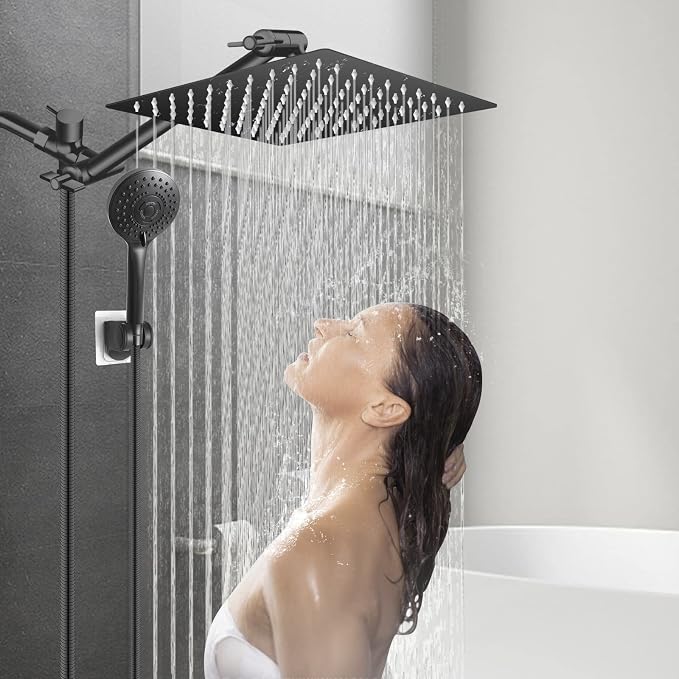High/Low Pressure Water Rain Shower Head with 11 Inch Adjustable Extension Arm and 5 Settings Handheld Shower Head Combo,Powerful Shower Spray - Matte Black, 12 Inch