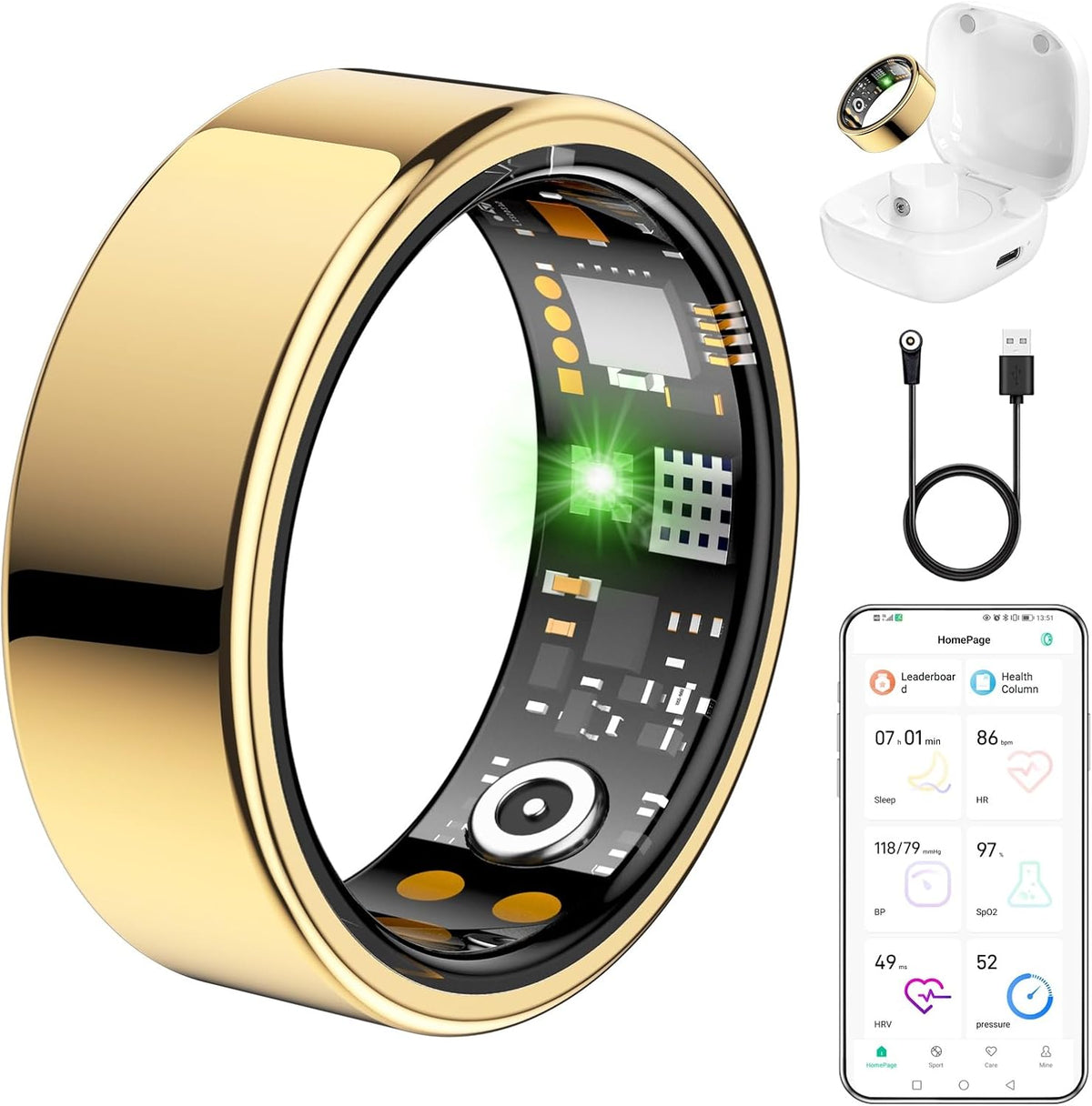 Ring Health Tracker for Women Men, Fit Ring with Heart Rate, Blood Oxygen, Sleep Monitor, Calories, Step Counter, IP68 Waterproof Smart Ring for iPhone & Android, No Subscription Fee (Gold, 8#)