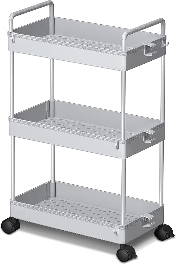Ronlap 3 Tier Slim Rolling Storage Cart with Wheels Plastic Utility Cart Organizer for Snack Craft Art Postpartum Baby Diaper Nail Makeup in Bathroom Laundry Room Kitchen Bedside Narrow Space, Grey