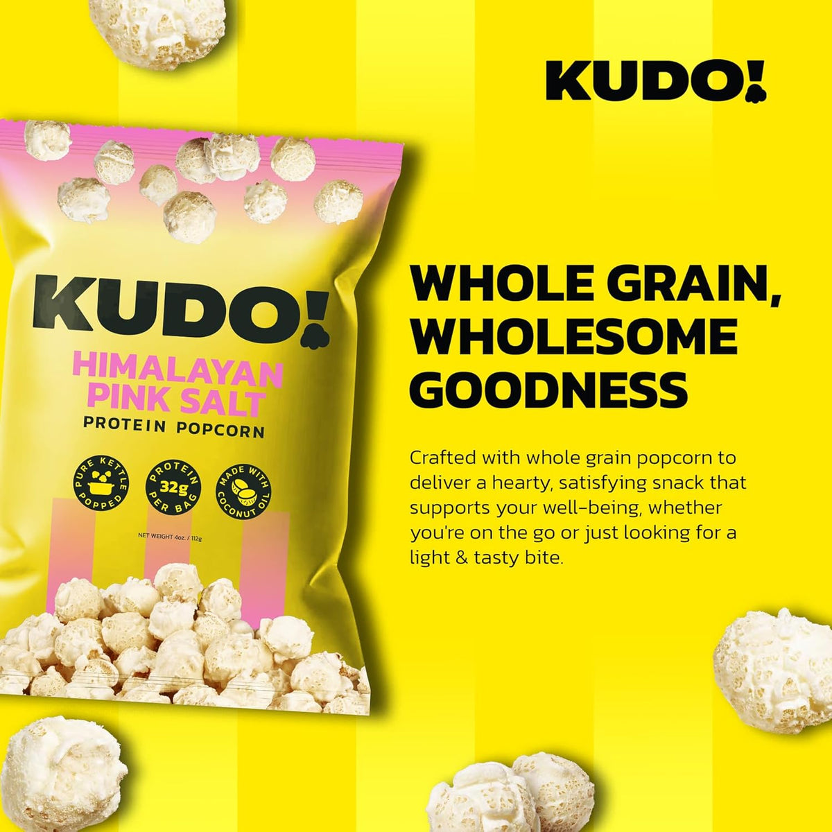 Kudo - Himalayan Pink Salt Kettle-Popped Protein Popcorn - Whole Grain, No Seed Oils, Gourmet Mushroom Kernel, Tasty Snack, Classic Flavor - 4oz