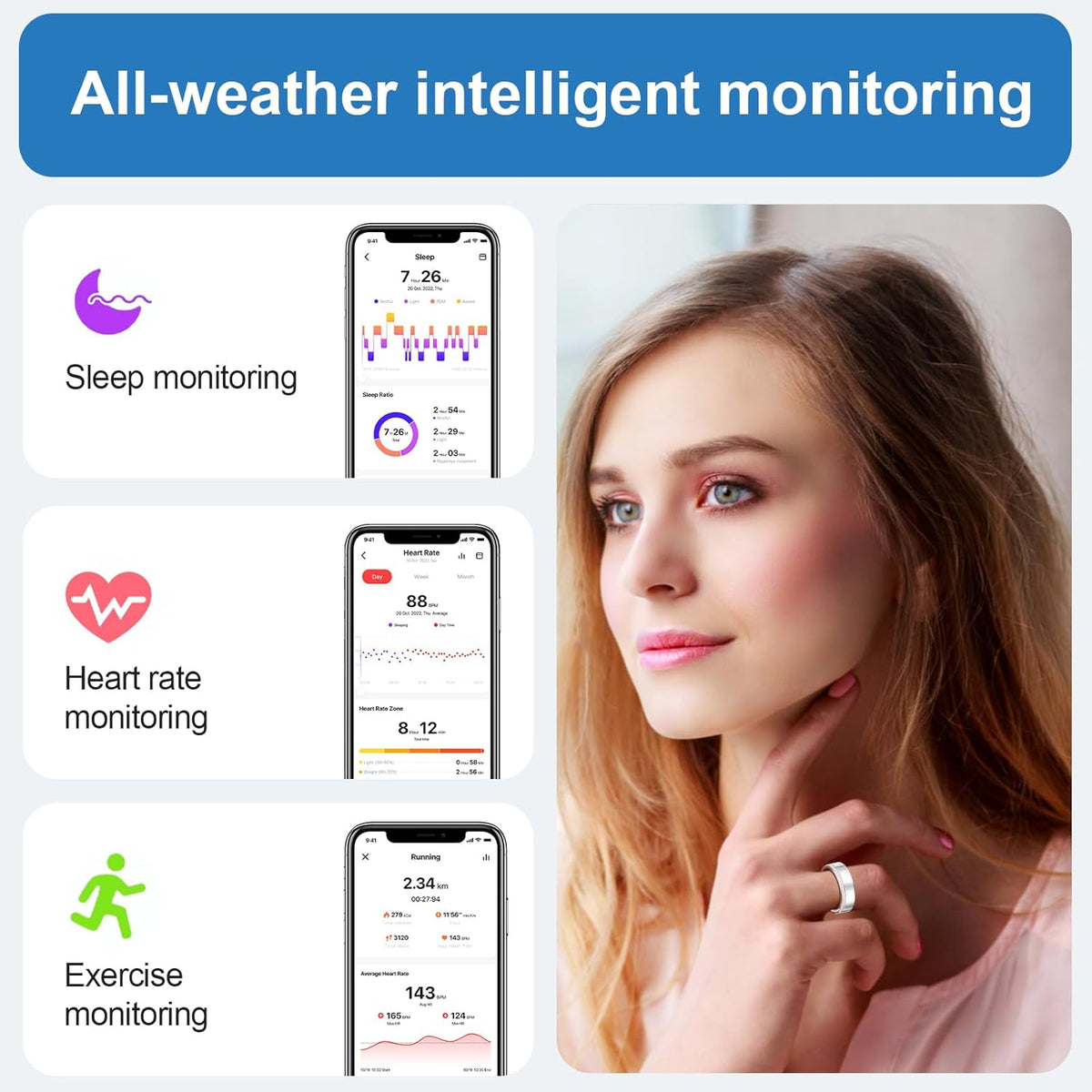 Health Tracker Smart Ring for Men Women-IP68 Waterproof Sleep Tracker with Heart Rate/Blood Pressure/Blood/Physiological Cycle/Oxygen Tracking, Step Counter, iOS & Android Compatible (8#)