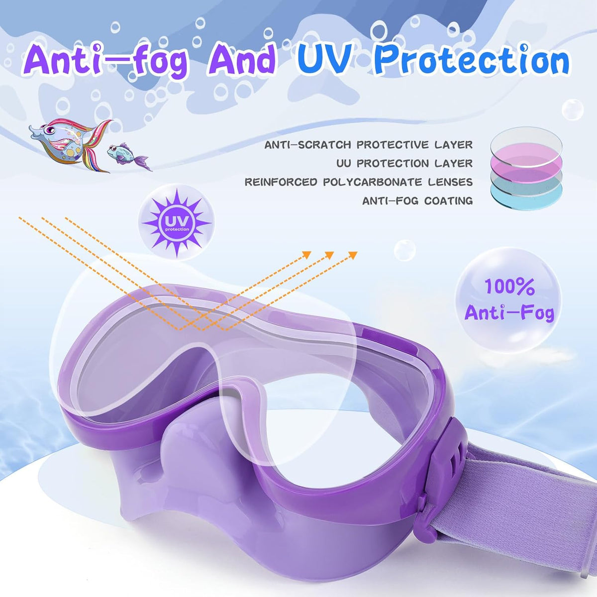 Kids Swim Goggles 180° Snorkel Diving Mask with Nose Cover, Anti-Fog Kids Swimming Goggles with Elastic Fabric Strap for Kids Boys Girls