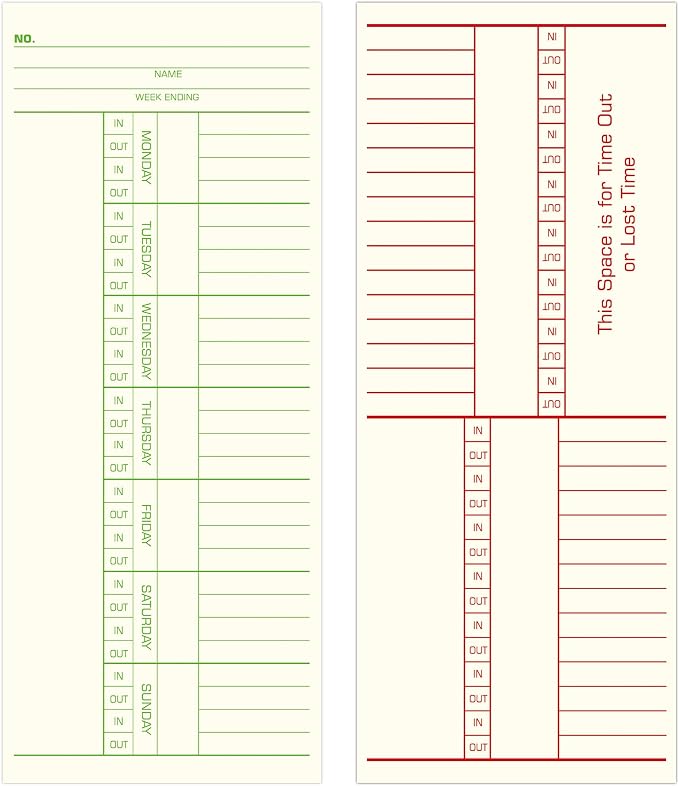 Weekly Time Cards 2-Sided, 3-3/8" x 8-1/4, Named Days, 100-Count,Time Cards for Employees, Green Print, Timecards for Time Clocks