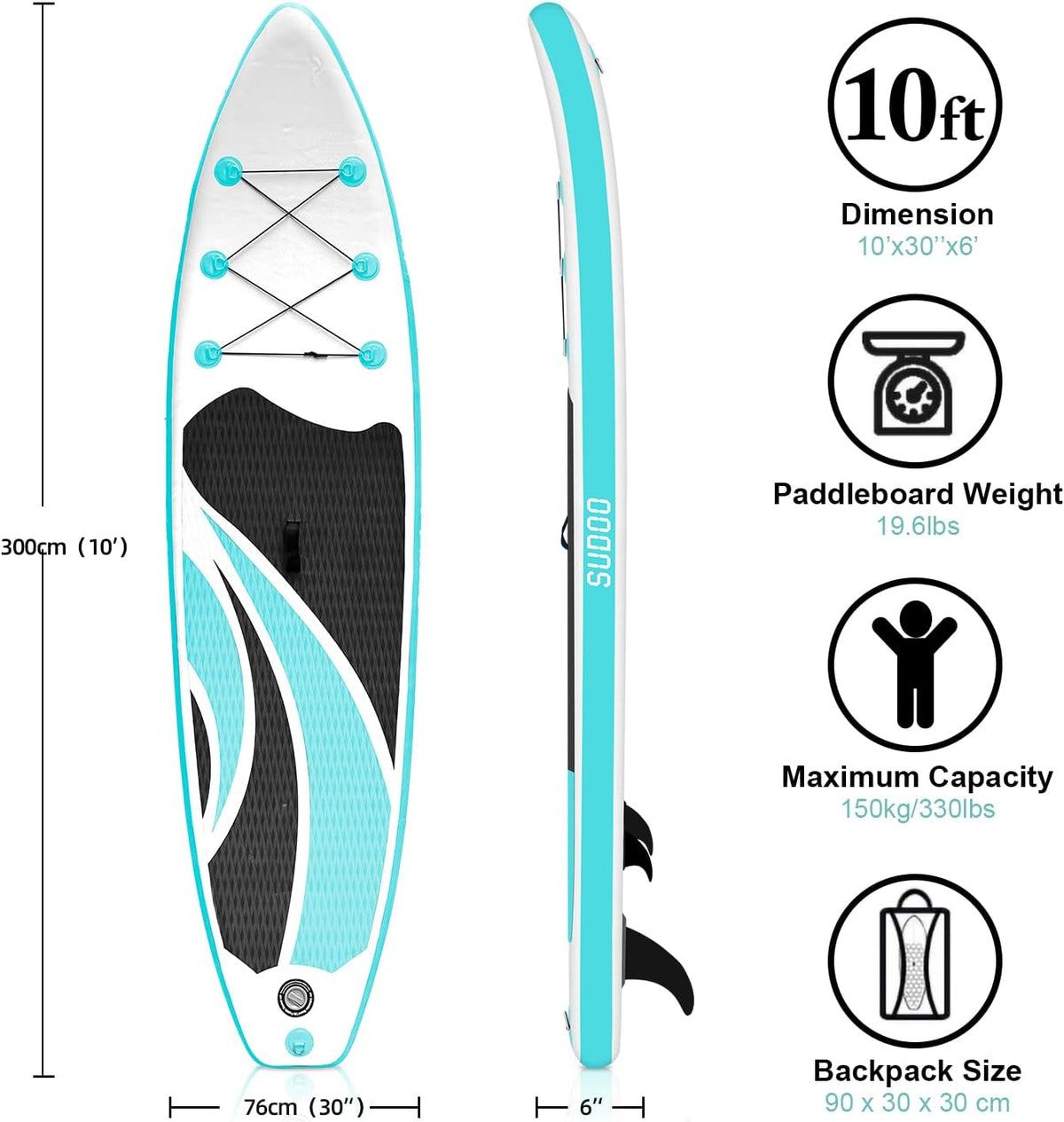 Inflatable Stand Up Paddle Board 10‘x30‘‘- Ultra-Light SUP with Backpack, Pump, Paddle, Coil Leash, 3 Fins, Repair Kit, Stable Design, Non-Slip EVA Deck for Adults & Youth