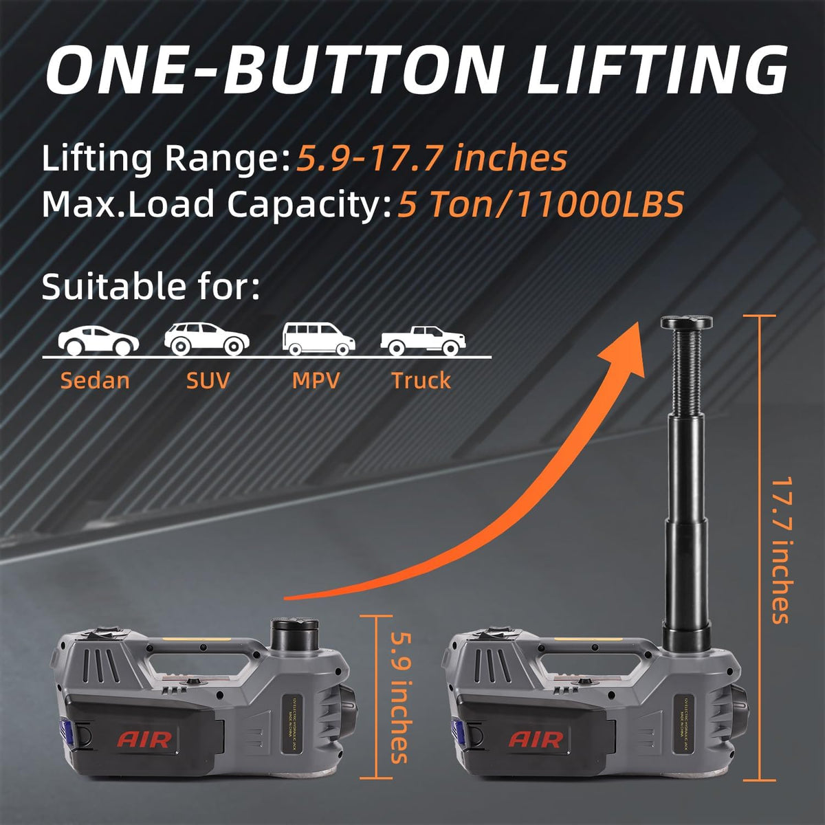 STANDTALL Electric Car Jack Kit 5T 12V Electric Floor Jack Lift for Vehicle, Electric Hydraulic Jack Auto Repair Tool Set with Built-in Inflator and Impact Wrench