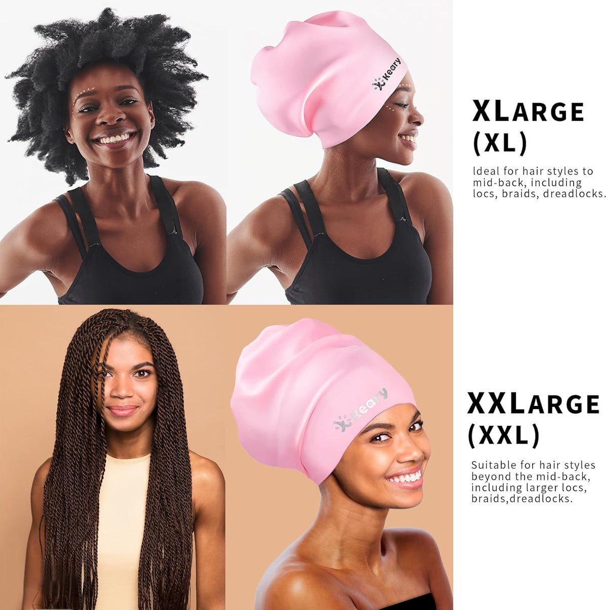 Keary Extra Large Swim Cap for Braids and Dreadlocks Extensions Weaves Long Hair, Waterproof Silicone Cover Ear Bath Pool Shower Swimming Cap for Adult Youth to Keep Hair Dry, Easy to Put On and Off