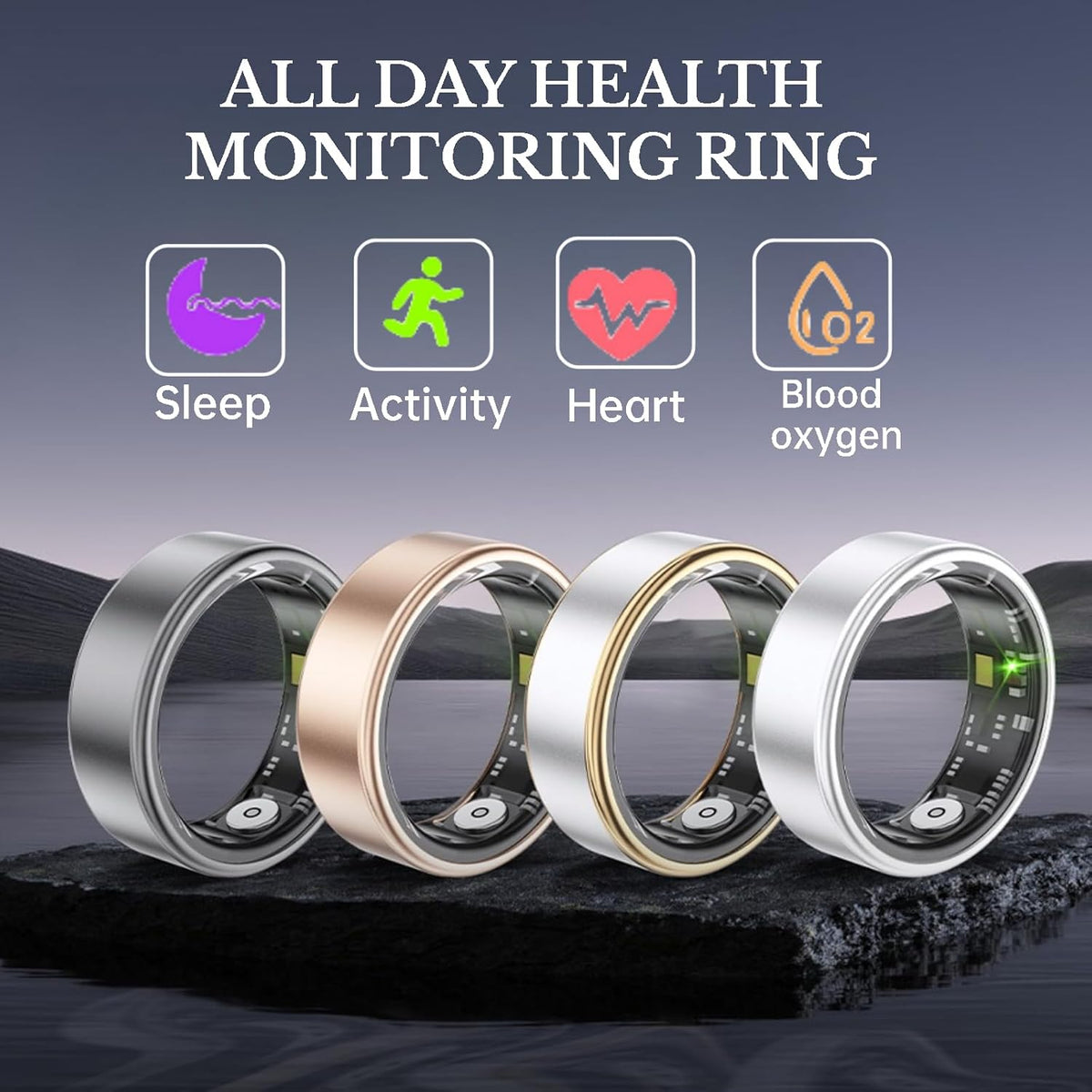 Smart Ring Health Fitness Tracker, Size First with Sizing Kit, Activity & Sleep Tracker/Stress/Heart Rate Monitor, Waterproof Smart Ring for Men/Women, No App Subscription (Platinum, 7)