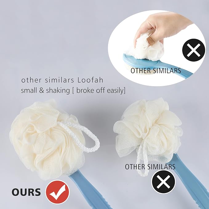 Shower Body Brush with Bristles and Loofah,Back Scrubber Bath Mesh Sponge with Curved Long Handle for Skin Exfoliating Bath, Massage Bristles Suitable for Wet or Dry, Men and Women (Blue)