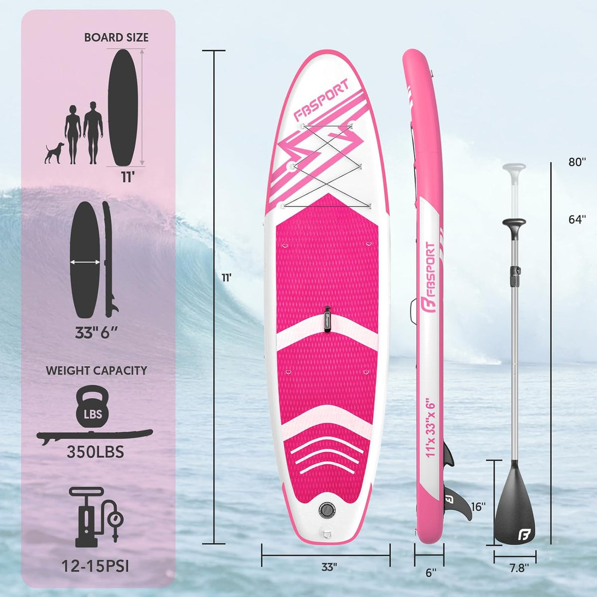 FBSPORT 11' Premium Stand Up Paddle Board, Yoga Board with Durable SUP Accessories & Carry Bag | Wide Stance, Surf Control, Non-Slip Deck, Leash, Paddle and Pump for Youth & Adult