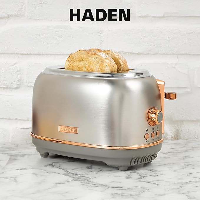 Haden Heritage 2 Slice Wide Slot Stainless Steel Toaster with Adjustable Browning Control & Non-Slip Feet, Steel & Copper