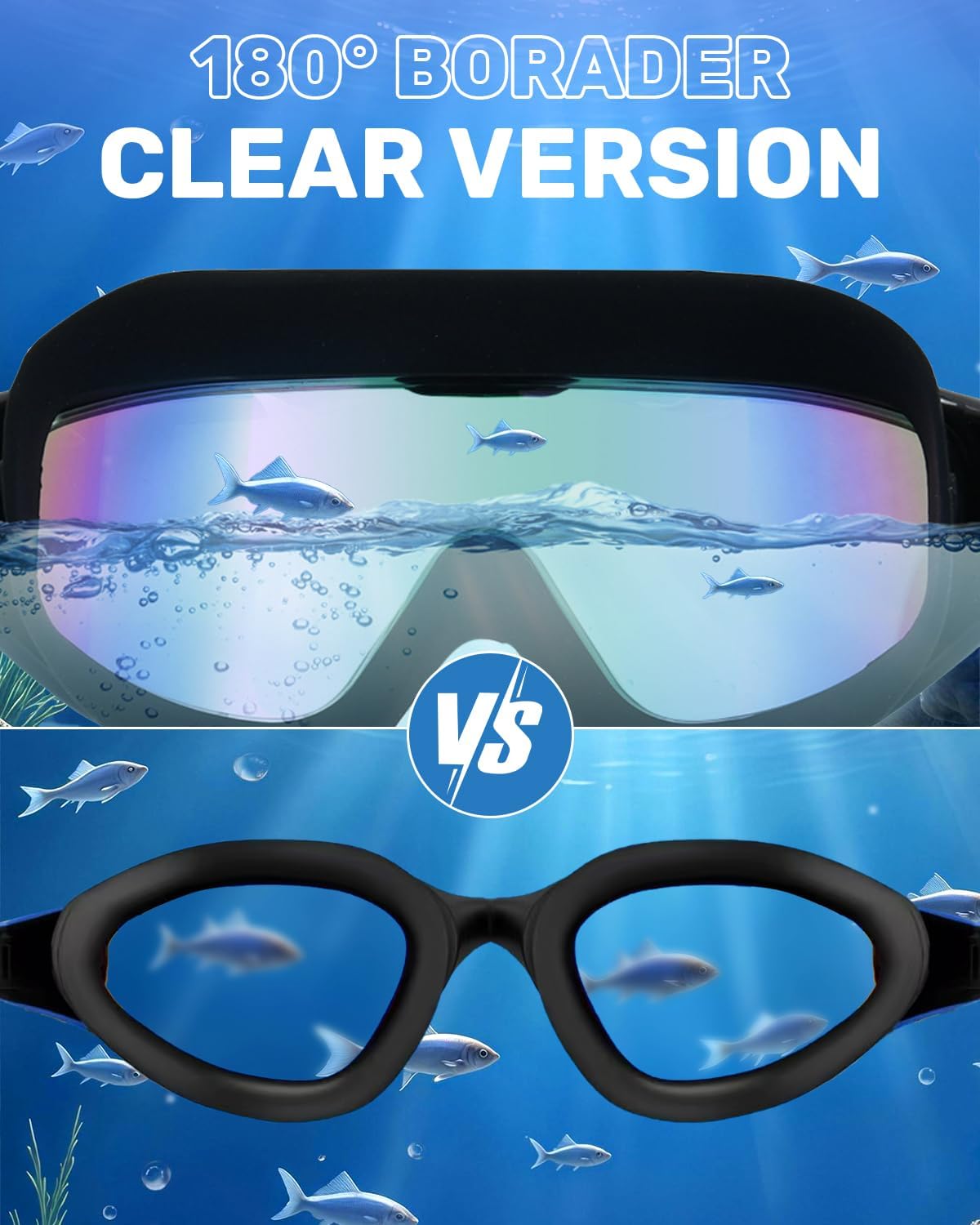 Swim Goggles for Adults, Wide View Anti-Fog & UV Swimming Goggles with Nose Clip & Ear Plugs, No Leak
