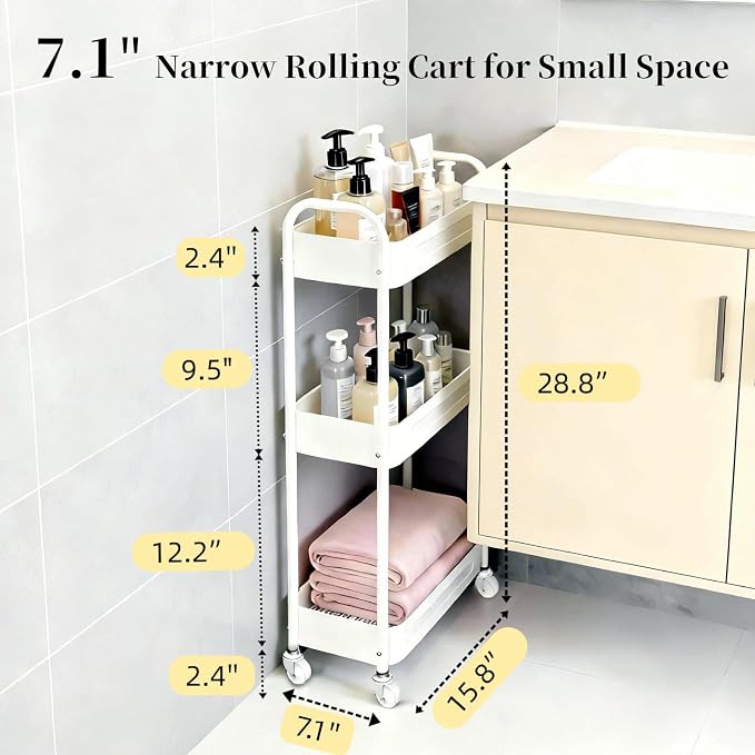 3 Tier Narrow Rolling Storage Cart for Laundry Room Bathroom Kitchen, 7.1'' Slim Utility Cart with Wheels and Lockable Casters Standing Shelf for Small Space & Between Washer and Dryer, White
