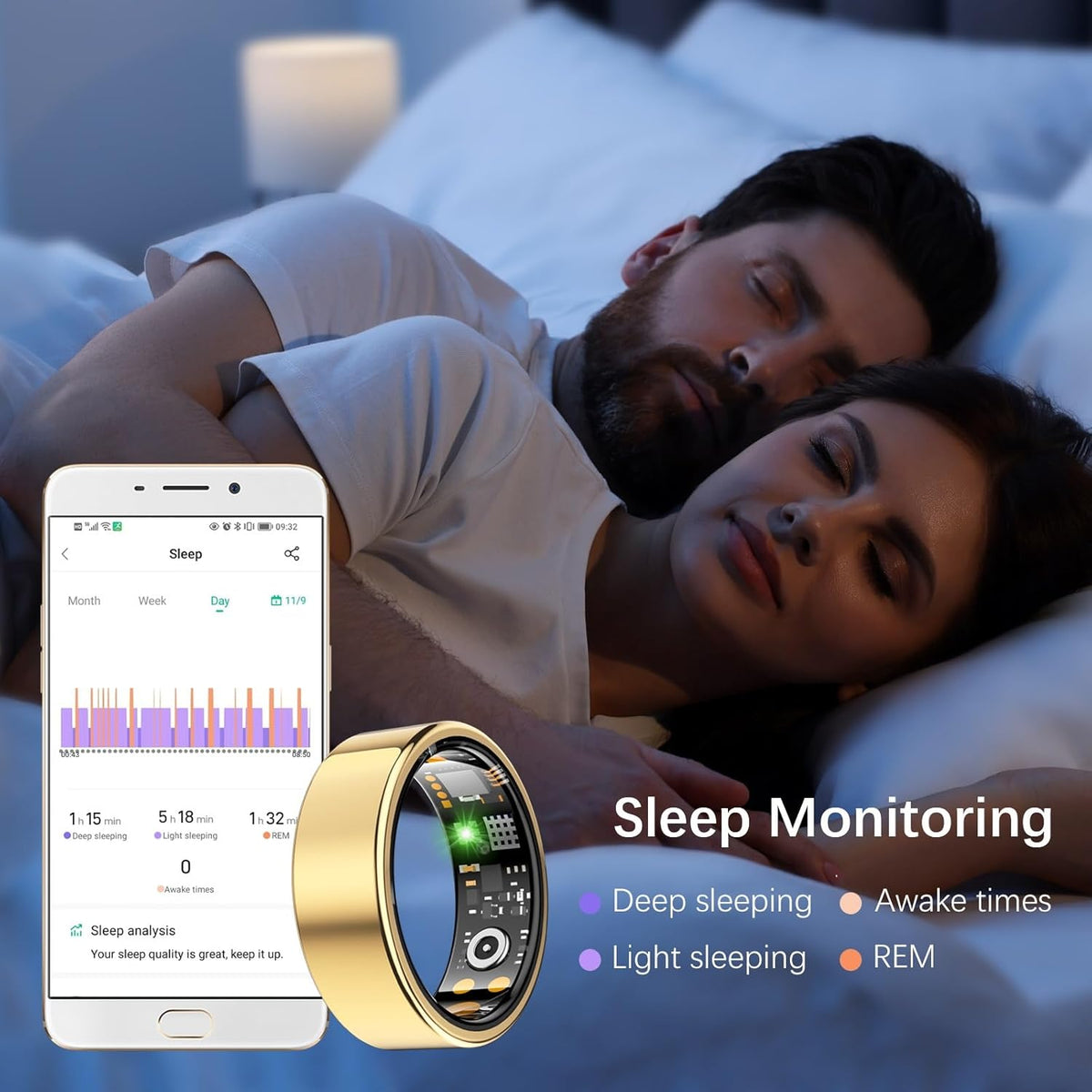 Health Tracker Ring, Smart Health Ring for Women Men with Heart Rate, Blood Oxygen, Sleep Monitor, Steps,Calories, No Subscription Fee, IP68 Waterproof Smart Ring for iPhone & Android (Gold, 14#).