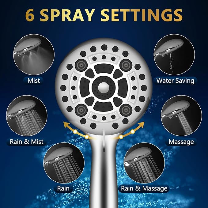 6 Spray Modes High Pressure Handheld Showerhead Set Upgraded 5 Inches Shower Head with Handheld Spray Premium Chrome Handheld Shower Head 60 Inches Stainless Steel Hose-1-Min Install