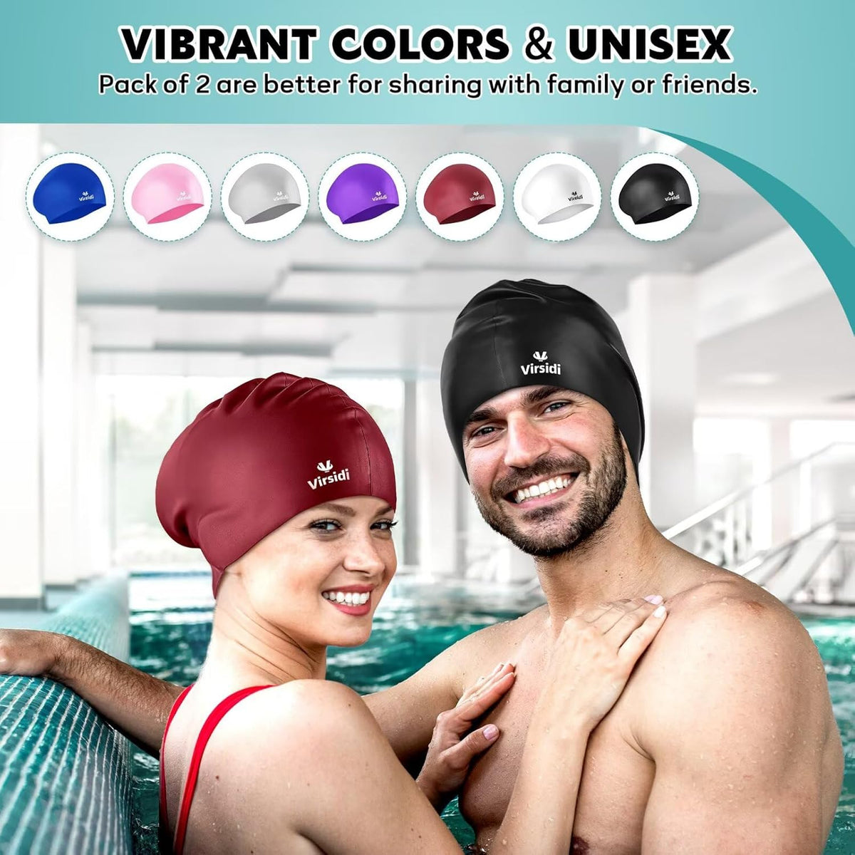 2 Pack Swim Cap for Women Men Adult, Silicone Swimming Caps for Short Long Hair, Waterproof Swim Hats Bathing Caps to Keep Hair Dry with Nose Clip and Earplugs
