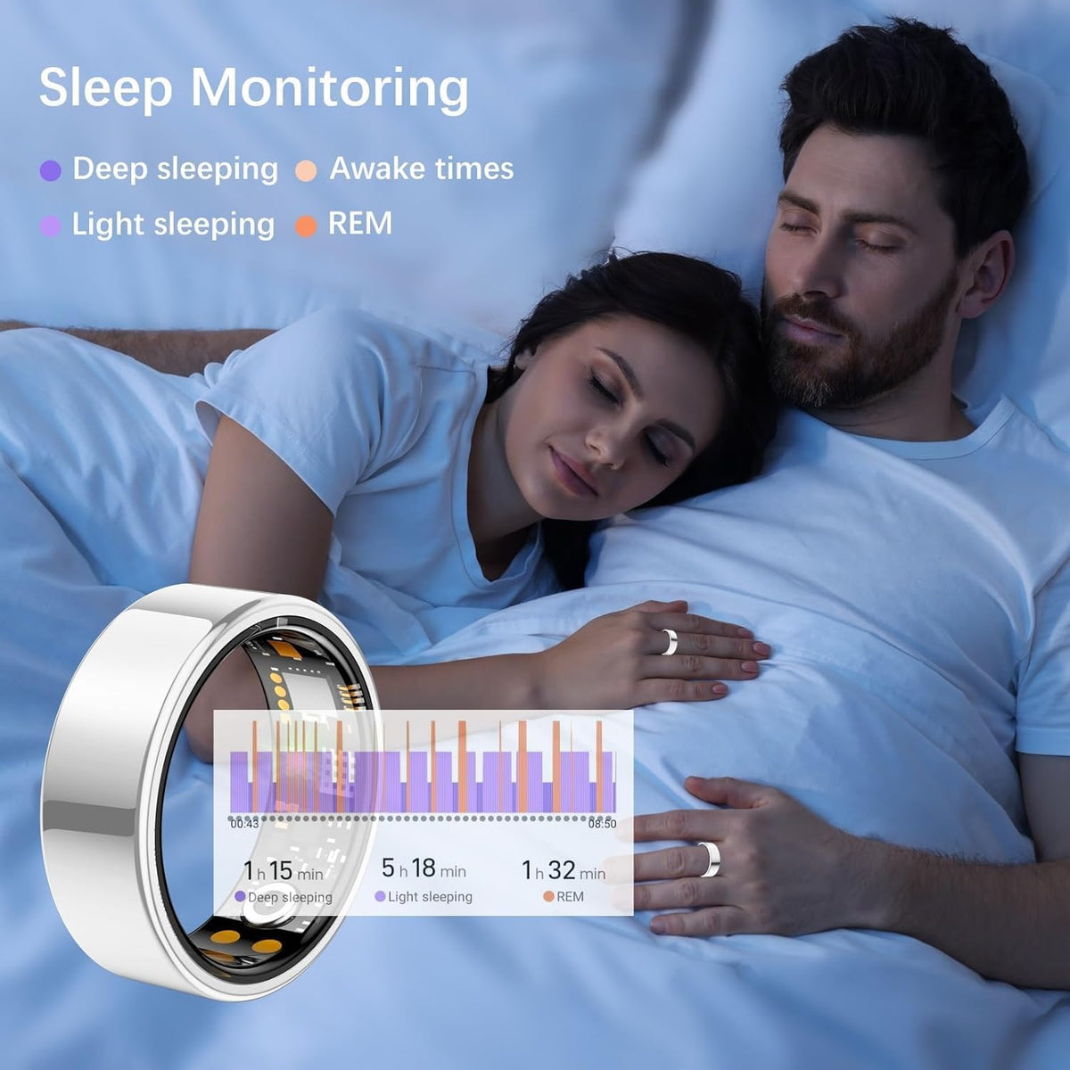 Ring Health Tracker for Women Men, Fit Ring with Heart Rate, Blood Oxygen, Sleep Monitor, Calories, Step Counter, IP68 Waterproof Smart Ring for iPhone & Android, No Subscription Fee (Silver, 10#)