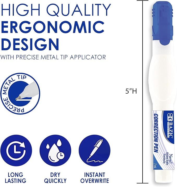 BAZIC PRODUCTS Correction Pen, Metal Tip, White, 7mL, 2 Pack, 2-Pack