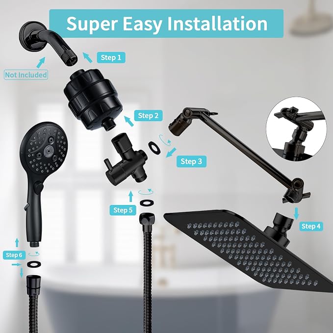 10'' Dual 20 Stage Filtered Shower Head with Handheld, 6 Spray Settings Handheld Shower Head High Pressure Rainfall Filter Combo with 12'' Adjustable Extension Arm, 71'' Shower Hose (Matte Black)