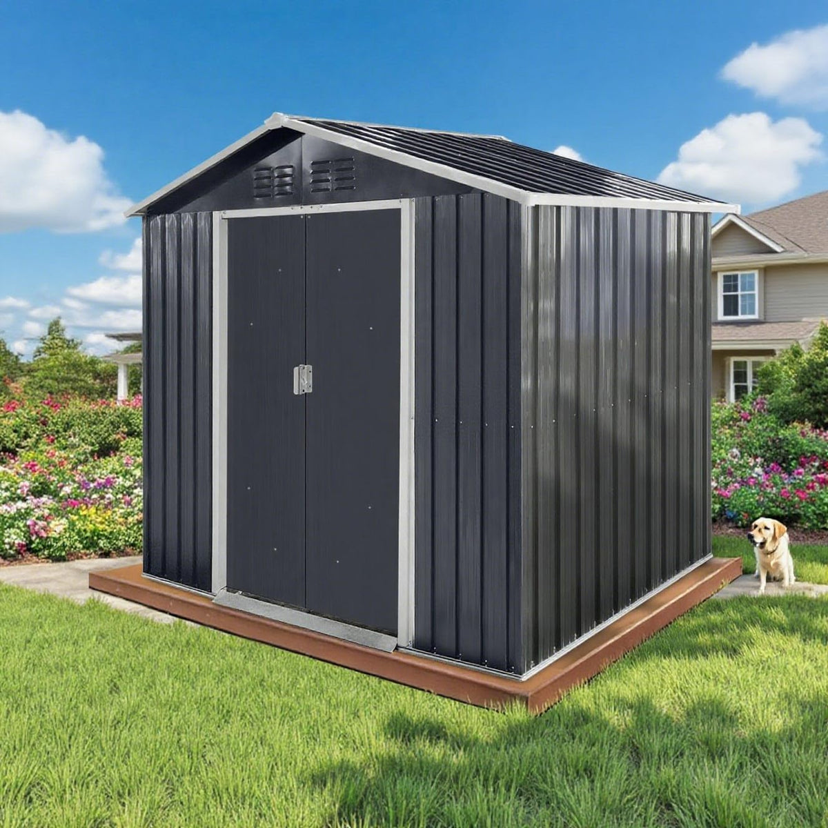 7x4.3 Ft Outdoor Storage Shed, Heavy-Duty Metal Shed with Windows & Secure Lockable Doors, Ideal Storage Shed for Outdoor, Patio, Garden, and Backyard, Anthracite