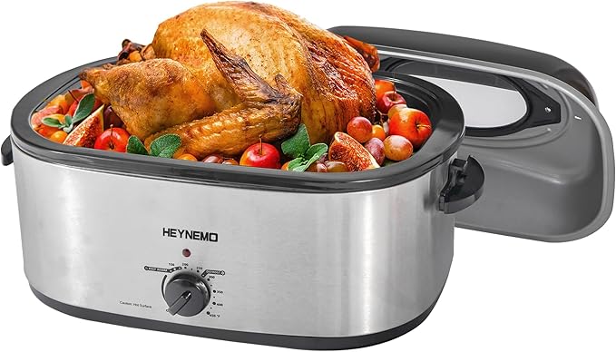 Roaster Oven 22Qt, Turkey Electric Roaster Oven Buffet with Self-Basting Lid, Removable Pan, Cool-Touch Handles, Stainless Steel, Silver