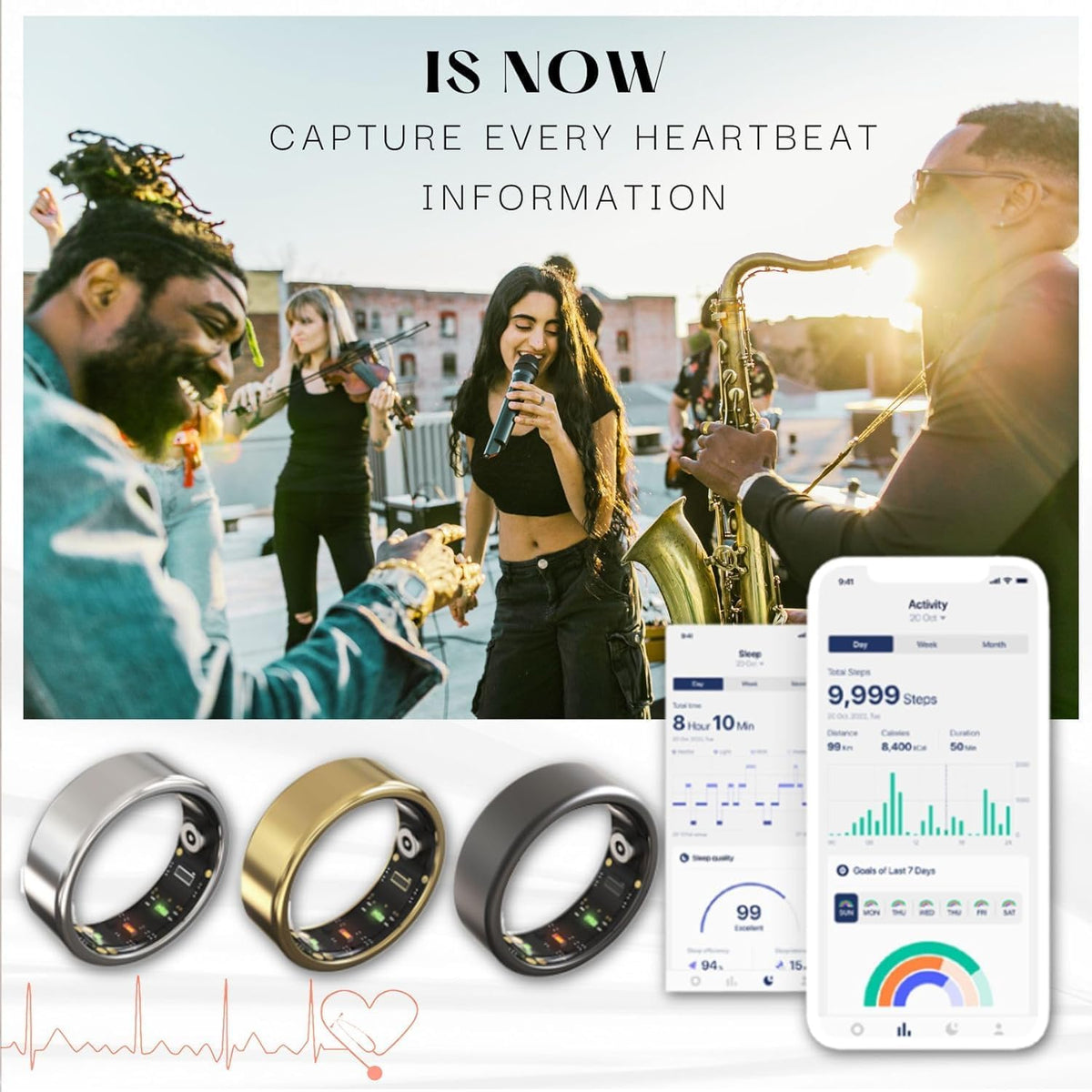 Smart Ring for Women Men Fitness & Sleep Tracker with Heart Rate Blood Oxygen Monitor Cycle Monitoring Step Counter IP68 No Subscription Works with iPhone & Android (Gold, #12-67.2mm/2.65")