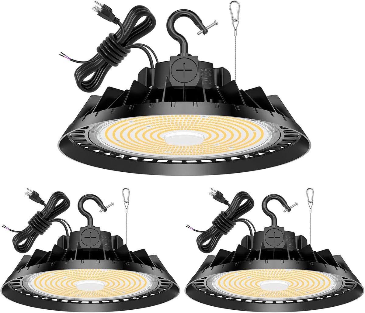 3Pack LED High Bay Lights, 300W UFO High Bay LED Shop Lights, 45000LM Adjustable CCT(5700K 5000K 4500K) & Power(300W 240W 200W), 0-10V Dimmable, 5' Cable Plug, IP65 Waterproof, ETL & DLC Listed