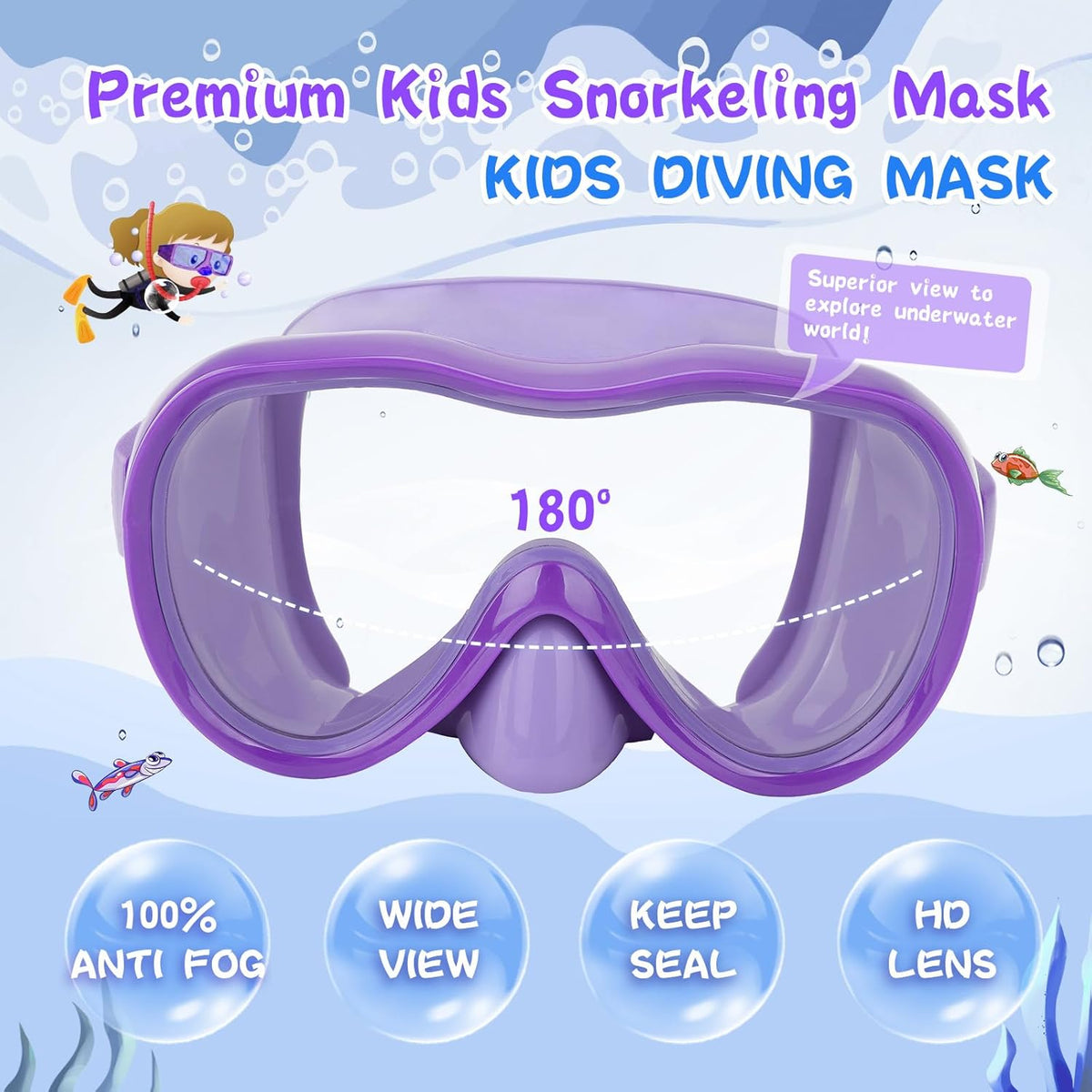Kids Swim Goggles 180° Snorkel Diving Mask with Nose Cover, Anti-Fog Kids Swimming Goggles with Elastic Fabric Strap for Kids Boys Girls
