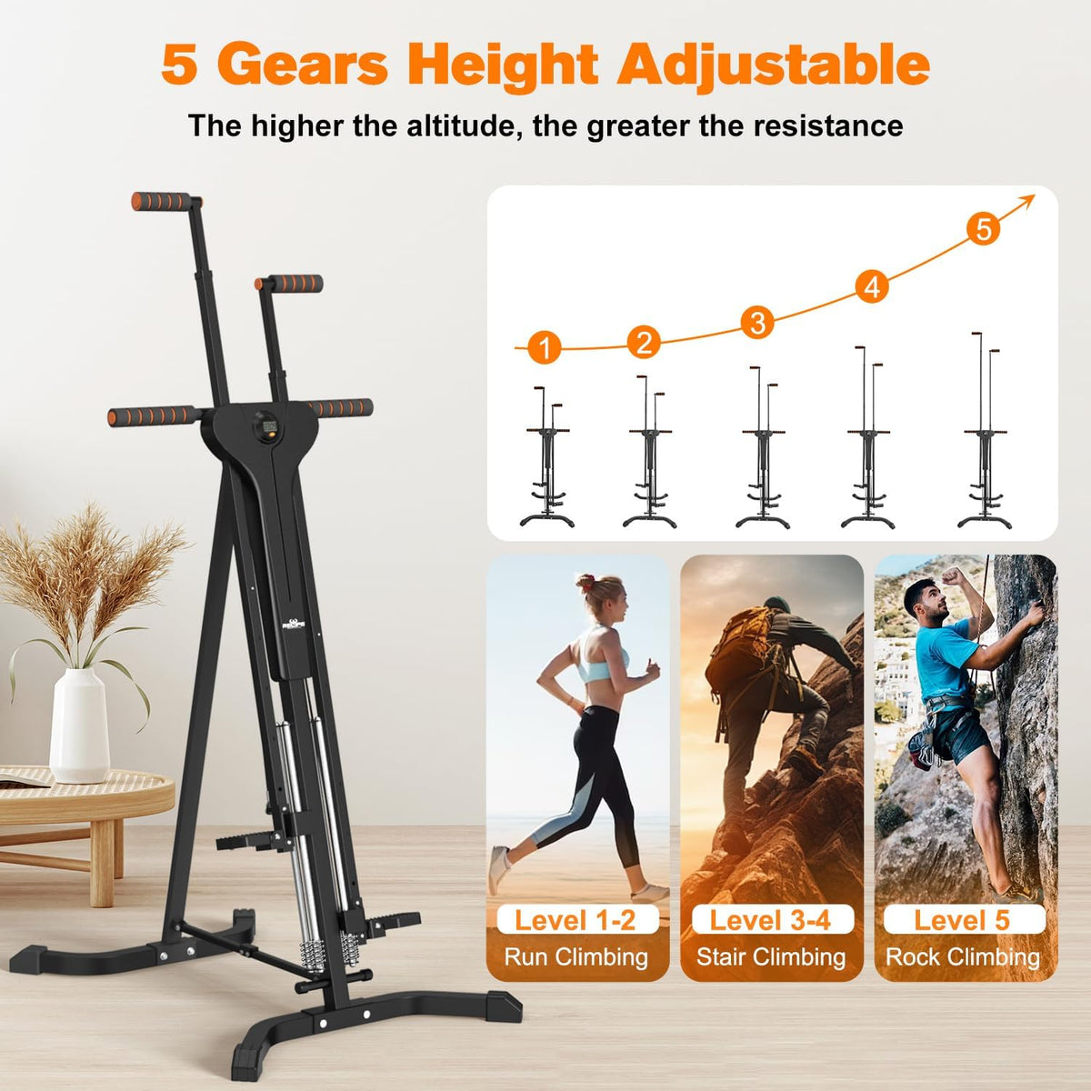 Vertical Climber Exercise Machine for Home Gym with 4 Metal Guide Rails Folding Exercise Climber Cardio Workout Machine 5-Level Heights Stair Stepper Newer Version, Easy to Assemble