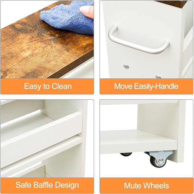 TEAMIX 4 Tier White Slim Storage Cart with Handle, Slide Out Storage Rolling Utility Cart Mobile Shelving Unit Organizer Trolley for Small Spaces Kitchen Laundry Narrow Places