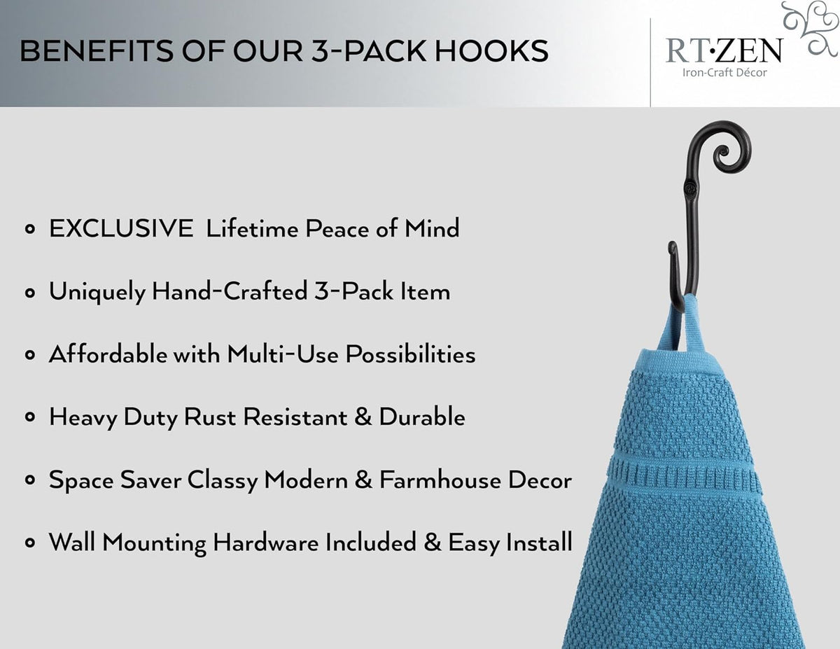 RTZEN Wall Mount Hook Set - Wrought Iron Decorative Rustic Metal Coat Hooks for Hanging - Handcrafted Classic Farmhouse Wall Mounted Black Hooks for Towel Robe or Hat Hanging - 3 Pack