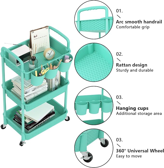 MOYIPIN 3-Tier Plastic Rolling Utility Cart with Handle,Utility Storage Cart for Office, Living Room, Kitchen,Movable Storage Organizer Shelves,Turquoise with 3 Hanging Cups