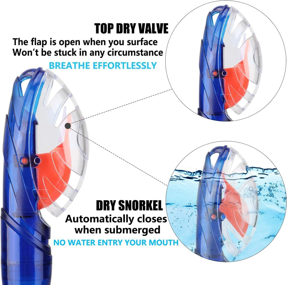 Aegend Dry Snorkel, Dive Mask Easy-Breath Free Diving Snorkel for Snorkeling Scuba Diving Freediving Swimming, with Top Dry Valve and Food-Grade Silicone Mouthpiece