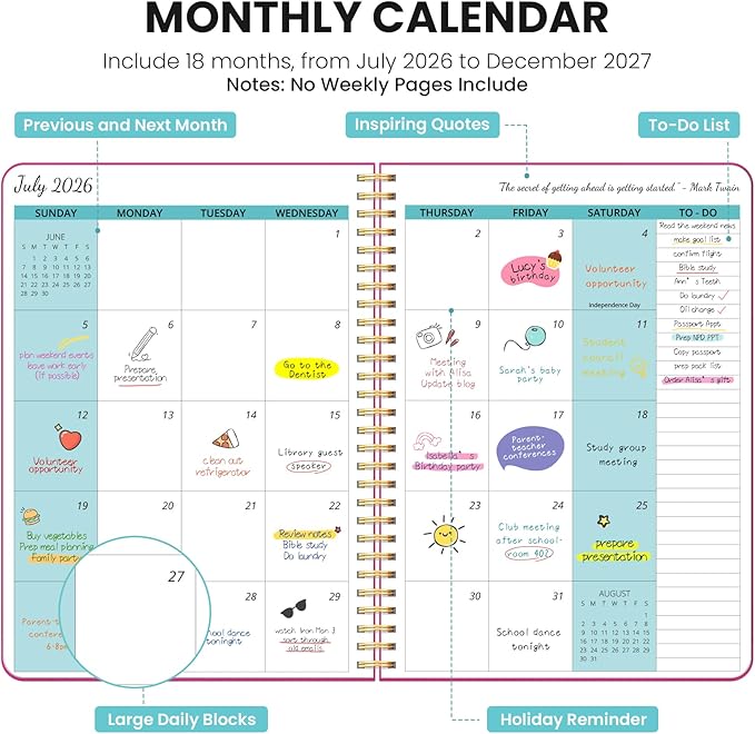 Monthly Planner 2026-2027, 18 Months Calendar, Jul 2026-Dec 2027