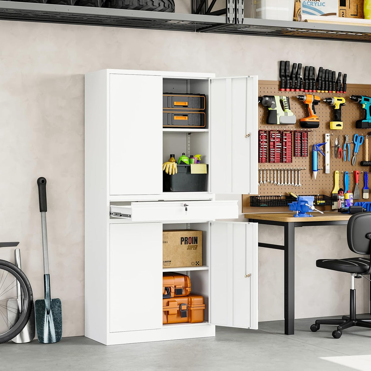 Yizosh Metal Garage Storage Cabinet with Locking Doors and Adjustable Shelves, 71" Tool Storage Cabinet with 1 Drawer for Garage,Office,Warehouse (White)