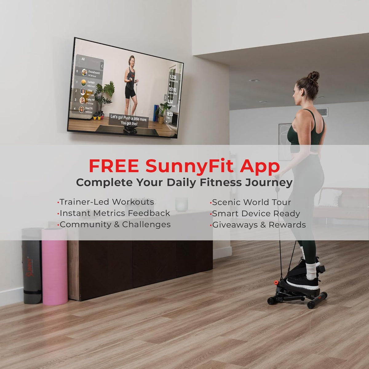 Sunny Health & Fitness Mini Stepper for Exercise at Home, Stair Step Workout Machine with Resistance Band and Over 300lb Weight Capacity, Optional Twist Motion and Free SunnyFit App Connection