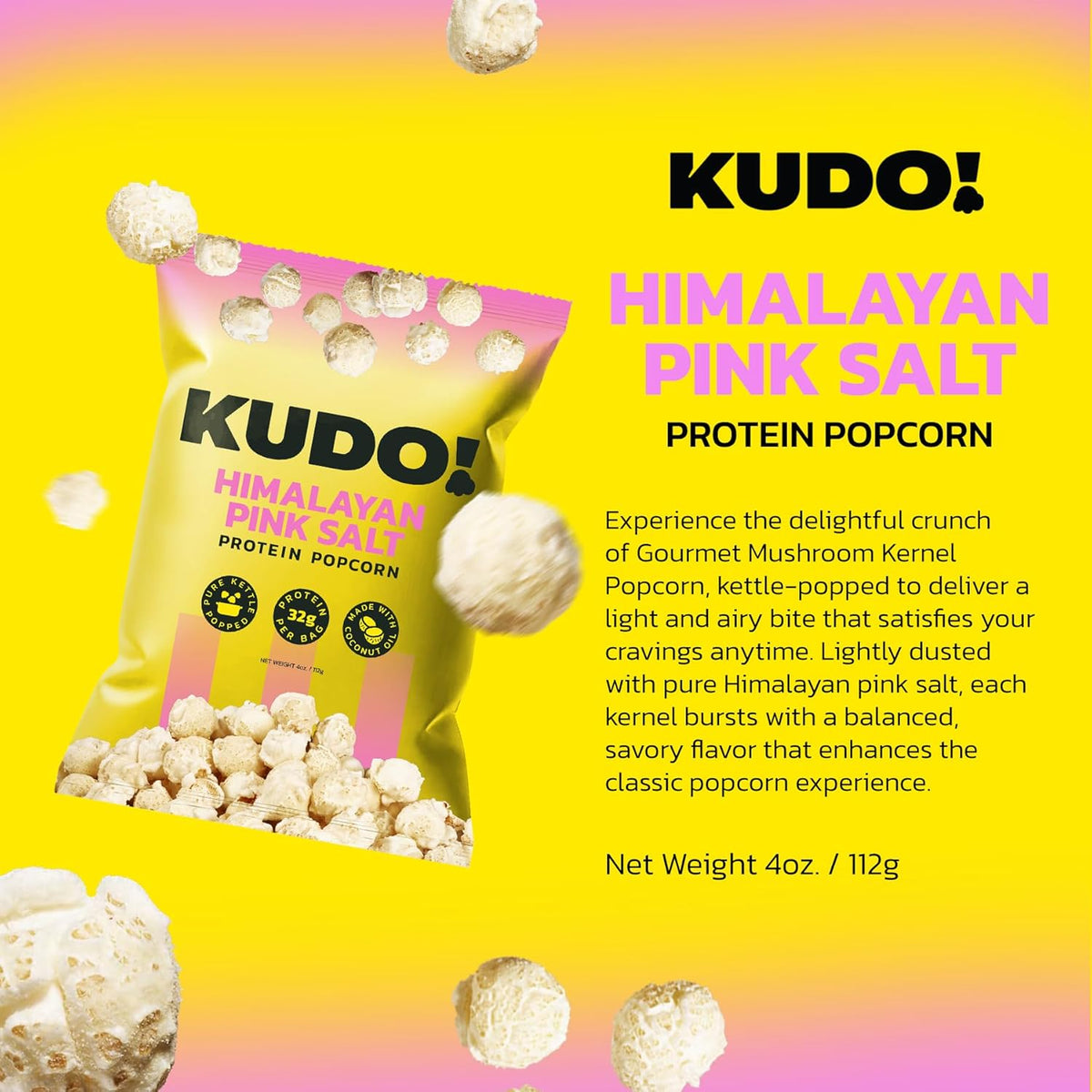 Kudo - Himalayan Pink Salt Kettle-Popped Protein Popcorn - Whole Grain, No Seed Oils, Gourmet Mushroom Kernel, Tasty Snack, Classic Flavor - 4oz