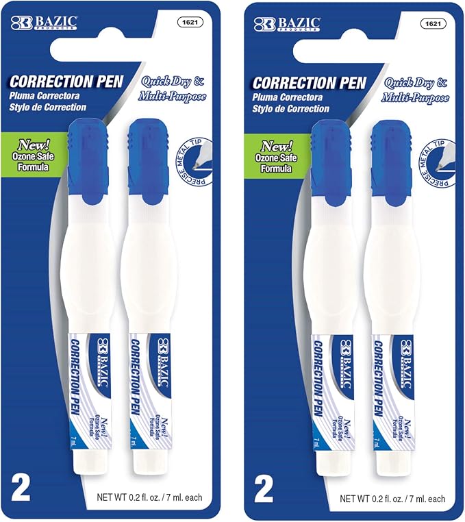 BAZIC PRODUCTS Correction Pen, Metal Tip, White, 7mL, 2 Pack, 2-Pack