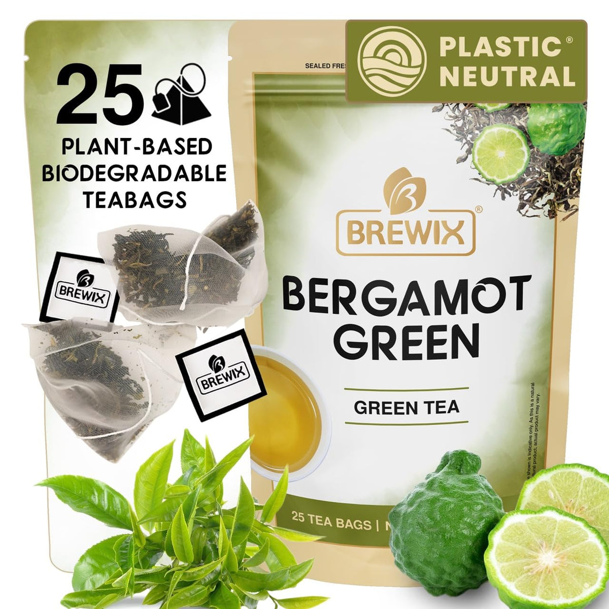 BREWIX, Bergamot Green Tea (25 Pyramid Tea Bags) | Caffeinated Tea Loose Leaf Earl Grey Green Tea With Pure Bergamot | High Elevation Grown
