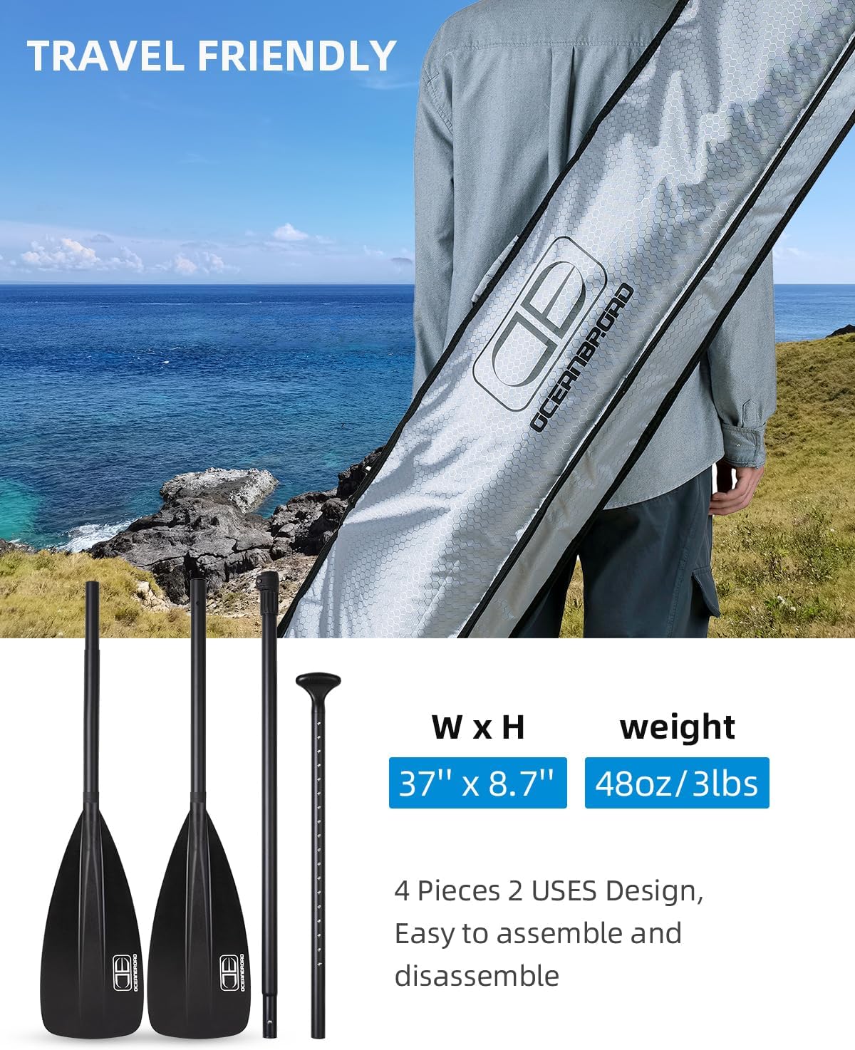 OCEANBROAD SUP Paddle - Adjustable Stand-Up Paddle for Paddleboard Kayak, Adjustable Aluminum Alloy Shaft with Reinforced Nylon Blades