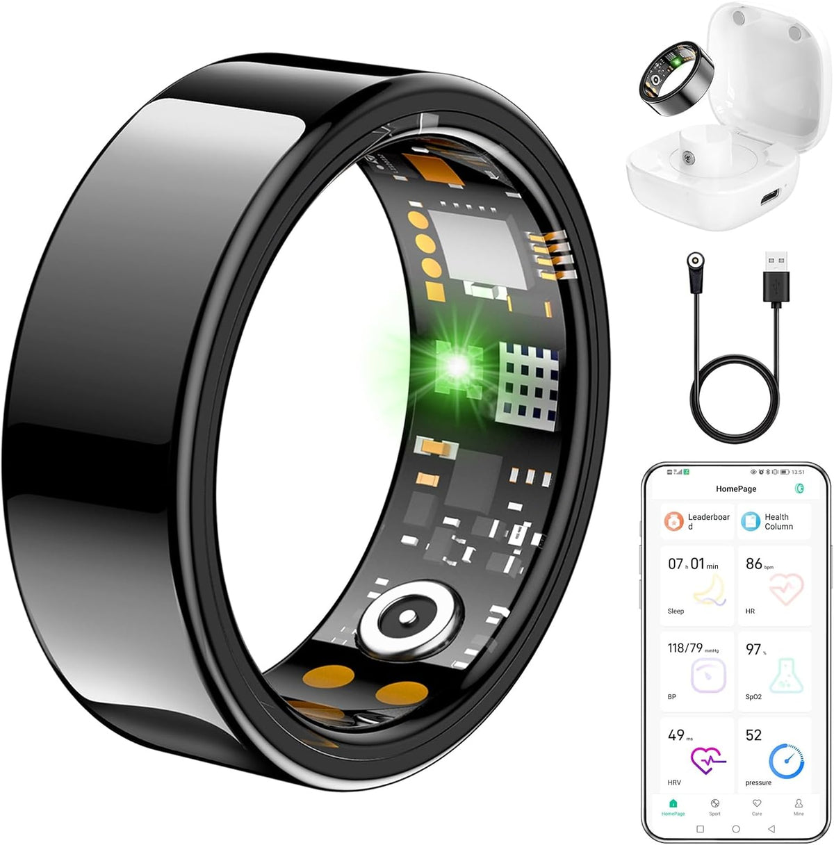 Ring Health Tracker for Women Men, Fit Ring with Heart Rate, Blood Oxygen, Sleep Monitor, Calories, Step Counter, IP68 Waterproof Smart Ring for iPhone & Android, No Subscription Fee (Black, 13#)