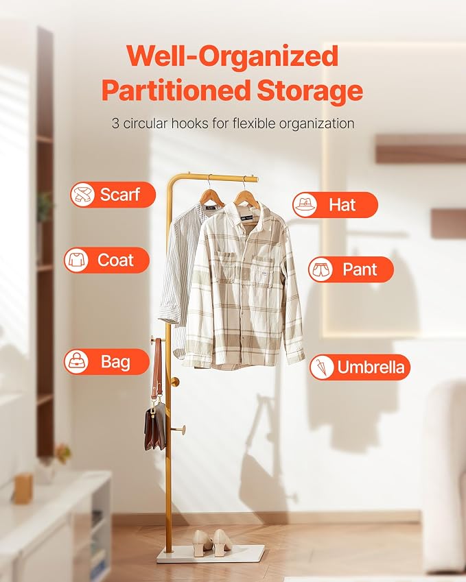 VEVOR Coat Rack, Freestanding Coats Rack Stand with Quartz Stone Base & 3 Round Hooks, Free Standing Hall Coat Tree for Entryway, Bedroom, Living Room, Stylish Clothes Hanger Stand for Coats, Hat, Bag