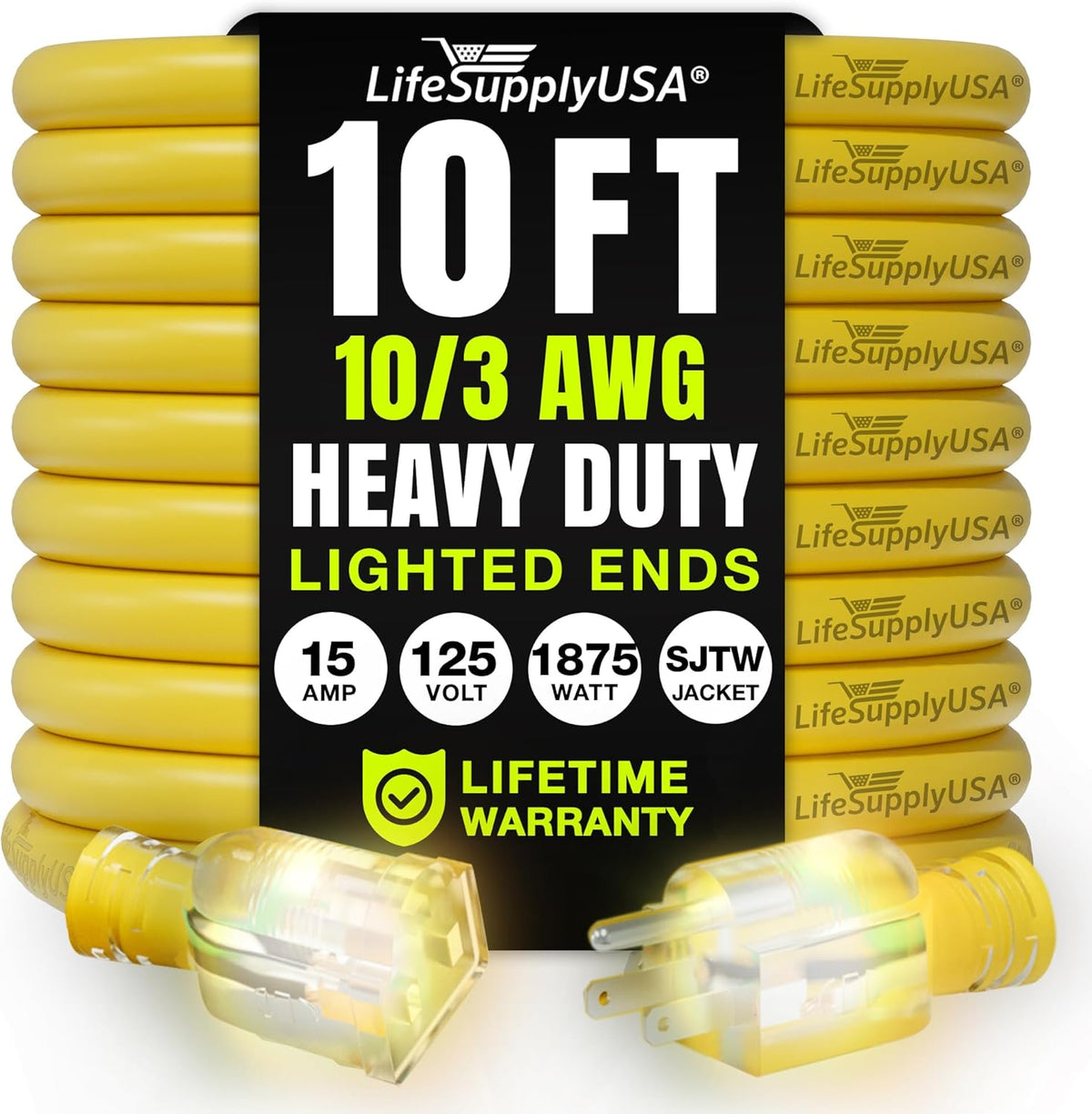 10ft Outdoor/Indoor Extension Cord 10/3 Gauge Ultra Heavy Duty 3 Prong SJTW, Waterproof, Flexible Cold-Resistant Long Power Cord,15A 125V 1875W, Yellow by LifeSupplyUSA